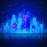 neon città paesaggio con splendore e luminosa colori. silhouette di futuristico cittadina con riflessione. retrò stile anni 80. vettore illustrazione