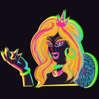 favolosa drag queen con vernice uv su tutto il corpo. signora androgina con i colori al neon del festival che indossa una corona e accessori. arte concettuale sull'orgoglio e la tolleranza per la comunità lgbtq. vettore