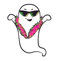 fantasma favoloso con occhiali da sole e una sciarpa di piume rosa. moda e mascotte dei cartoni animati glamour o halloween e dolcetto o scherzetto. vettore