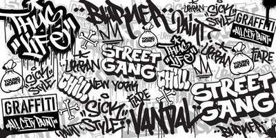 graffiti sfondo con vomitare e etichettatura disegnato a mano stile. strada arte graffiti urbano tema per stampe, striscioni, e tessile nel vettore formato.