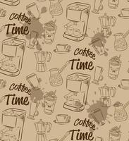 Reticolo senza giunte disegnato a mano con vari tipi di caffè e dispositivi per la preparazione del caffè. vettore