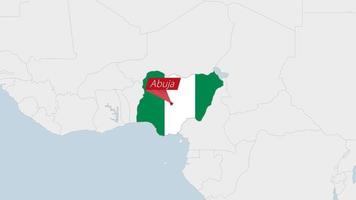 Nigeria carta geografica evidenziato nel Nigeria bandiera colori e perno di nazione capitale Abuja. vettore