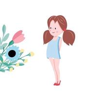 la ragazza si alza confusa e guarda un mazzo di fiori. carattere carino bambina isolato su sfondo bianco. illustrazione vettoriale in stile cartone animato
