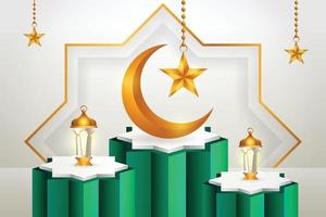Prodotto 3d display islamico a tema podio verde e bianco con falce di luna, lanterna e stella per il ramadan vettore