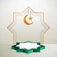 Prodotto 3d display islamico a tema podio verde e bianco con falce di luna e stella per il ramadan vettore