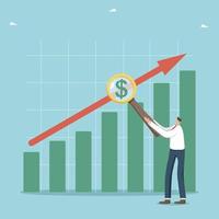 crescita di il azione e moneta mercato, aumentare nel investimento profitto e i saldi reddito, progresso e sviluppo di economico e attività commerciale , un' uomo con un' ingrandimento bicchiere Il prossimo per un' in crescita grafico. vettore