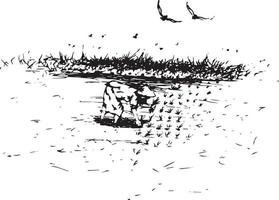 mano disegnato vettore natura illustrazione con un' contadino piantare riso su il campo