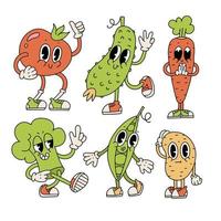 impostato di Groovy retrò cartone animato verdure personaggi. collezione di carino i fumetti veggie mascotte. mano disegnato contorno illustrazione nel 70s retrò vibrazioni stile. vettore