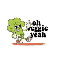 Oh veggie si - motivazione citazione carta, striscione, manifesto con retrò cartone animato caratteri di verdure. motivazionale salutare stile di vita tipografico frase. mano alba vettore contorno illustrazione.