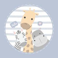 carino zebra giraffa e ippopotamo saluto cartone animato carta pastello vettore