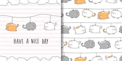 carta di doodle di cartone animato carino gattino paffuto gatto e fascio senza cuciture vettore