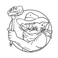 disegno stile schizzo illustrazione di un maiale selvatico da cowboy che tiene una forchetta con set di bistecca barbecue vettore
