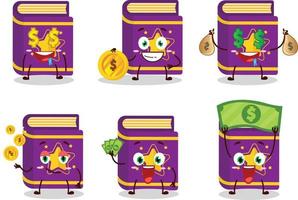Magia libro cartone animato personaggio con carino emoticon portare i soldi vettore