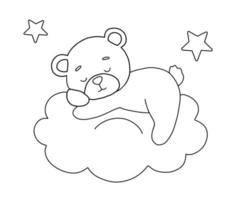 carino sognare orso su nube. cartone animato mano disegnato vettore schema illustrazione per colorazione libro. linea bambino animale isolato su bianca