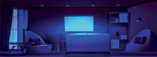 cartone animato vivente camera con tv impostato a notte vettore
