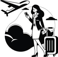 femmina ufficio lavoratore o aria hostess imbarco il aereo illustrazione nel scarabocchio stile vettore