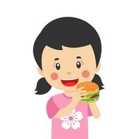 felice bambino carino mangia hamburger vettore