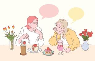 due amici stanno bevendo torta e succo di frutta in un negozio di dolci alla fragola. illustrazioni di disegno vettoriale stile disegnato a mano.