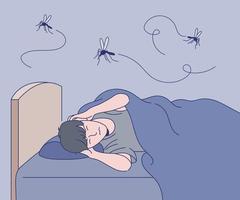 un uomo non riesce a dormire al suono delle zanzare. illustrazioni di disegno vettoriale stile disegnato a mano.