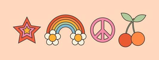 trend elementi nel stile di anni '70. pacifista simbolo, ciliegia frutti di bosco, arcobaleno, stelle. emblema, icona, logo per applicazioni, ragnatela design. retrò manifesti. hippie estetico. y2k Vintage ▾ vettore illustrazione