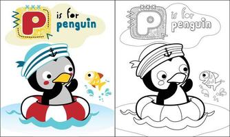 colorazione libro o pagina di pinguino cartone animato nel marinaio berretto su salvagente con poco pesce vettore