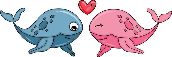 divertente coppia di balene con cuore vettore