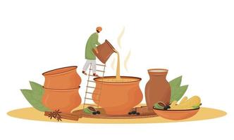 cucina indiana, illustrazione di vettore di concetto piatto servizio teashop. uomo versando masala chai personaggio dei cartoni animati 2d per il web design. bevanda tradizionale, miscela aromatica che serve idea creativa