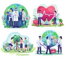 insieme della giornata mondiale della salute con personaggi, personale medico e persone che svolgono attività. illustrazione vettoriale