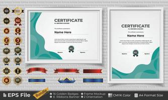 modello certificato design fascio con nastri, d'oro distintivi, e telaio mockup per apprezzamento, premio, completamento, diploma. CMYK colore a4 formato vettore