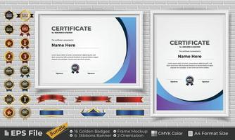 modello certificato design fascio con nastri, d'oro distintivi, e telaio mockup per apprezzamento, premio, completamento, diploma. CMYK colore a4 formato vettore