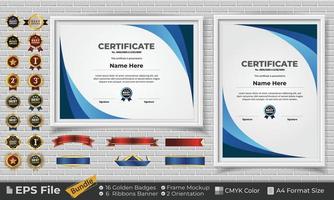 modello certificato design fascio con nastri, d'oro distintivi, e telaio mockup per apprezzamento, premio, completamento, diploma. CMYK colore a4 formato vettore