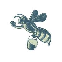 ape del miele che fluttua con un secchio di miele vettore