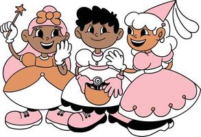 carino cartone animato illustrazione di un' gruppo di bambini nel un' Fata costume. etichetta vettore