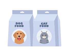 cane o gatto cibo pacchi. pacchi di asciutto canino e felino cibo. animale domestico negozio, domestico animale, cura concetto. vettore illustrazione.