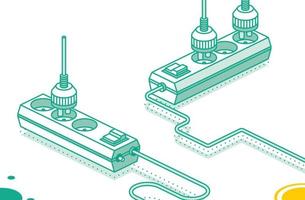 moderno elettrico estensione cordone con tappo. elettrico energia presa di corrente striscia. isometrico schema concetto. Due oggetti. scheda di potenza con tre slot. vettore