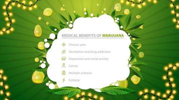 poster bianco e verde con benefici medici della marijuana. baner per sito Web con foglie di marijuana e forma astratta. benefici usi della marijuana medica vettore