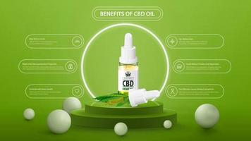 vantaggi di utilizzare l'olio di cbd. poster informativo verde di usi medici per olio cbd con bottiglia di vetro trasparente di olio cbd medico sul podio con anello bianco al neon e infografica intorno vettore