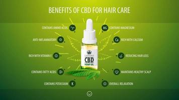 benefici medici del CBD per la cura dei capelli, poster verde infografica con icone di benefici medici e bottiglia trasparente di vetro di olio di CBD medico vettore