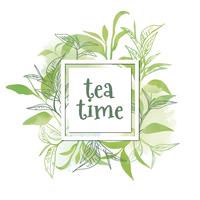 Foglie di tè dell'acquerello all'ora del tè vettore
