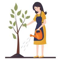 una giovane donna sta annaffiando un albero. lavoro agricolo. giardinaggio. illustrazione vettoriale in uno stile piatto.