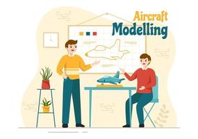 aereo modellazione e lavorazione illustrazione con assemblaggio o pittura enorme aereo modello nel piatto cartone animato mano disegnato atterraggio pagina modelli vettore