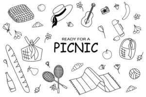 impostato per un' picnic picnic cestino, piatti, termos, tovagliolo, tazza, cibo. disegnato a mano lineare design elementi. vettore illustrazione