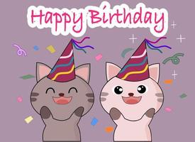 contento compleanno vettore illustrazione. carino kawaii gattini contento smiley viso. gatti contento compleanno carta.