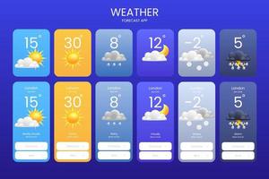 impostato di meteorologico 3d cartone animato icone di piovere, temporale, nuvoloso, chiaro adatto per tempo metereologico app, modelli, widget, icone o illustrazioni. ai UX App schermo disegno, mobile interfacce. vettore