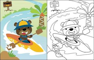 vettore cartone animato di divertente orso su canoa nel fiume, colorazione libro o pagina