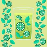 icona, etichetta, illustrazione. bicchiere con lime e menta cocktail con bolle su blu sfondo. fetta e metà lime su ogni lato. estate, cocktail, frutta vettore