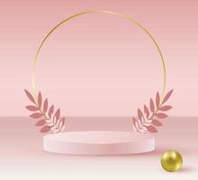 minimo scena con geometrico le forme. cilindro podi nel morbido rosa sfondo con carta le foglie su colonna. scena per mostrare cosmetico prodottocon d'oro elementi , Schermo Astuccio. 3d vettore illustrazione.