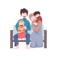 illustrazione di un' famiglia con Due bambini e un' ragazzo durante eid al-Fitr vettore