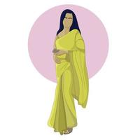 piatto design di donna indossare giallo saree e Tenere Telefono vettore