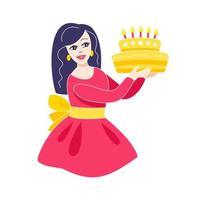 ragazza con torta - illustrazione vettoriale su sfondo bianco. festa di compleanno.